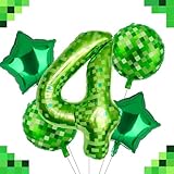 40 Inch Green Pixel Miner Number 4 Foil Balloon Set 5Pcs Large Mylar Mining Theme 4th Number Balloons for Boys Girls Pixel Cubes Video Game Birthday Party Decorations
