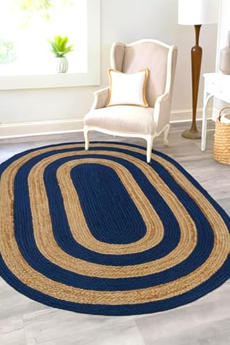 Aizza Trends Alfombra ovalada hecha a mano de yute natural y azul marino de 2.3 x 4 pies, alfombra de yute sostenible para sala de estar, comedor, dormitorio, cocina, entrada y pasillo