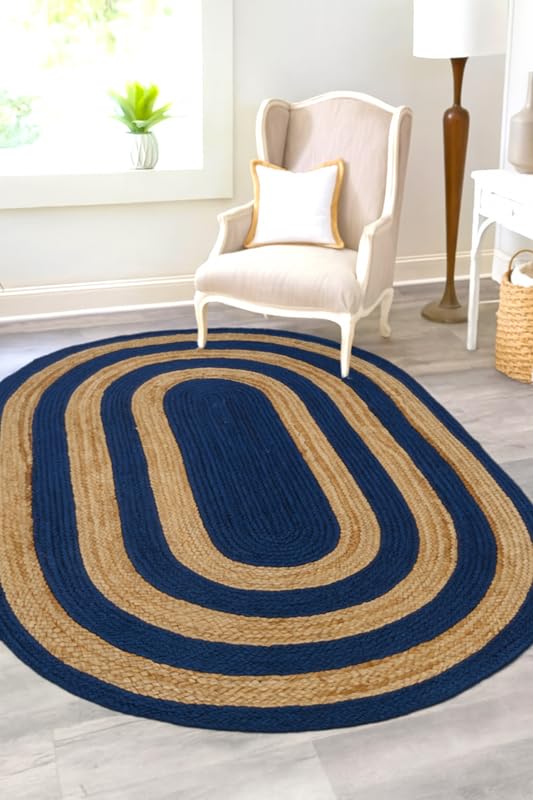 Alfombra de yute ovalada azul marino estilo granja chic para salon 5x8