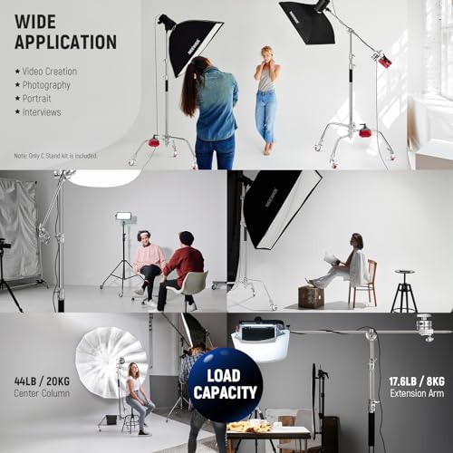 Neewer Heavy Duty Light Stand, Metal 11.15ft/3.4m Adjustable Photography Tripod C Stand with Boom Arm Built in Spring Cushion 1/4" Screw for Studio LED Light, DSLR Camera, Max Load: 22lb/10kg, Black - Image 4