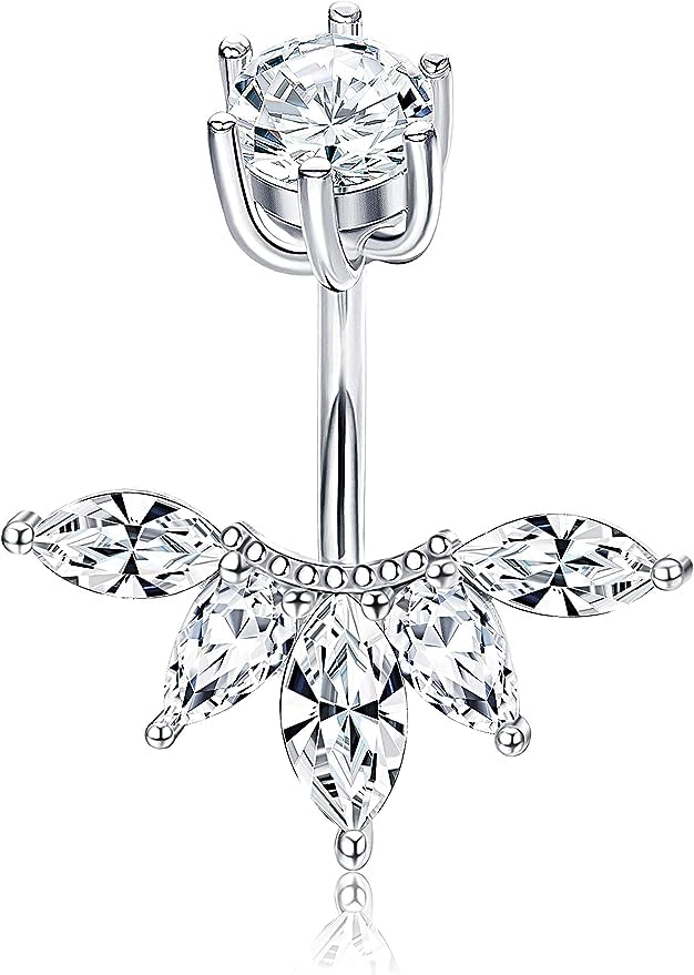 No-Tarnish No-Rusting Stainless Steel Flower Crystal Belly Button Navel Ring For Women and Girls (BB0141) 1 Pc