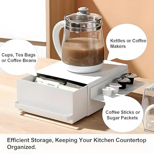 Kitchen Organizer Stand with Drawer, Coffee Maker & Appliance Holder Tea Pod Storage Space Saving Under-Appliance Organizer for Small Kitchen Appliances Like Mixers & Kettles