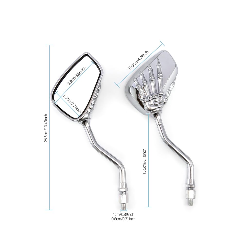 universel 8mm 10mm retroviseur moto chrome avec motif tête de mort et griffes retroviseur moto ompatible avec les motos sportives les choppers et les cruisers (Argent)