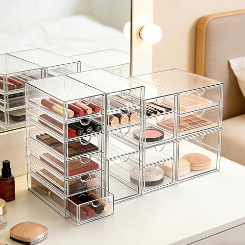 Image of Prsildan 17 Drawers Teacher Toolbox Office Supply Organizer, Set of 4 | Clear Acrylic, Pull Out, Craft Desk Art Supply Accessories Vanity Countertop Bathroom Kitchen Cabinet Makeup Storage
