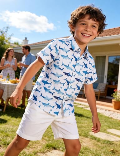 Image of Boys Hawaiian Shirt Kids Button Down Aloha Beach Hawaii Tops 5-14Y | Quick Dry, Breathable, Cooling & Lightweight, For Summer Vacation Holiday, Fourth of July, Youth, Teen, Shark, Dinosaur