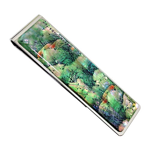 Mother of Pearl Apricot Flower House Painting Green Slim Stainless Steel Metal Money Clip Holder