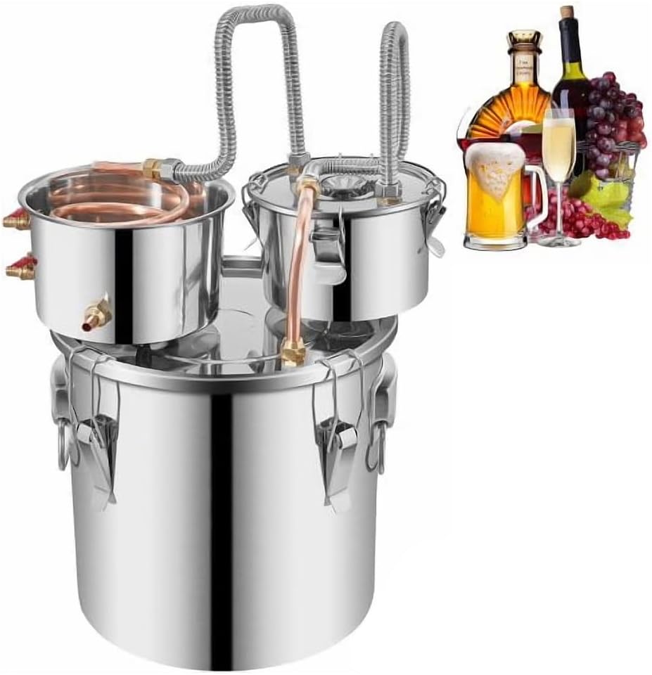Alcohol Distiller 5Gal/19L Stainless Steel Home Brewing Distillery Kit with Copper Tube, Double Thumper Keg for Do It Yourself Whiskey, Brandy, Essential Oil