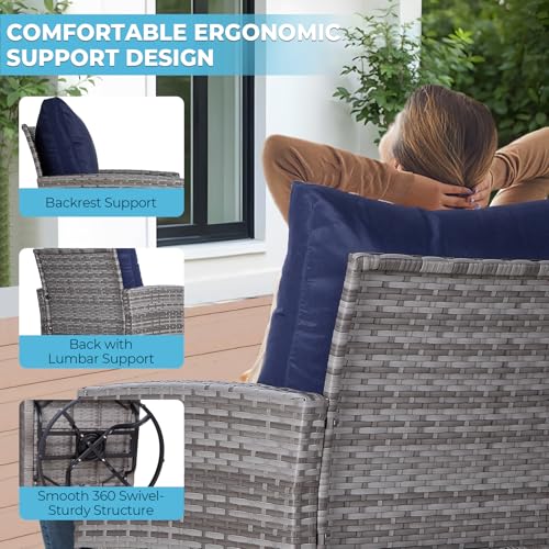 FHFO 3 Piece Patio Furniture Set, Outdoor Swivel Patio Chairs Set of 2, Wicker Apartment Balcony Furniture Set with Thick Cushions for Porch Deck Garden, Grey-Blue