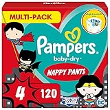 Pampers Windeln Superhelden Pants Größe 4 (9-15kg) Baby-Dry, Maxi mit Stop- und Schutz Täschchen, MONATSBOX, 120 Höschenwindeln