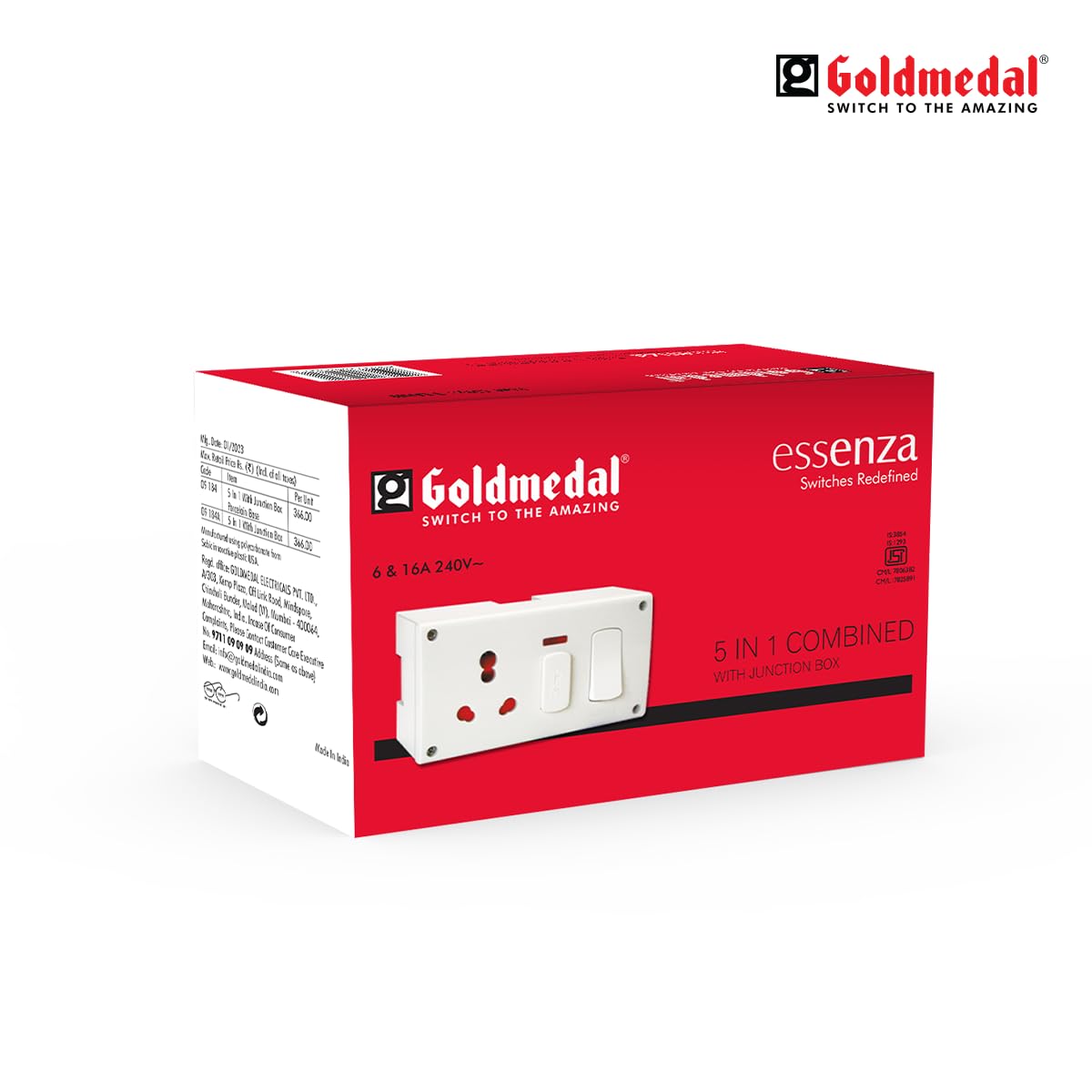 Goldmedal Essenza 16A Switch Socket with Junction Box | Modular 5 in 1 Combined Plate with Switch & Indicator | Heavy-Duty Power Socket for Home & Office Use | White — Amazon image 5