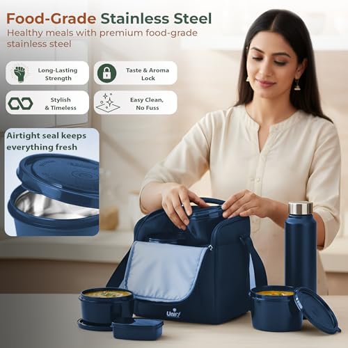Image of Unify MealMate Lunch Box with 3 Microwave Safe Inner Steel Containers (500ml, 350ml, 200ml), 130ml Plastic Chutney Dabba, Water Bottle 750ml & Spoon | Office Tiffin with Insulated Bag, Blue