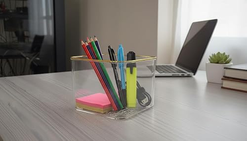 Clear Plastic Square Desk Organiser with Gold Rim, Multi-Purpose Container for Home and Office