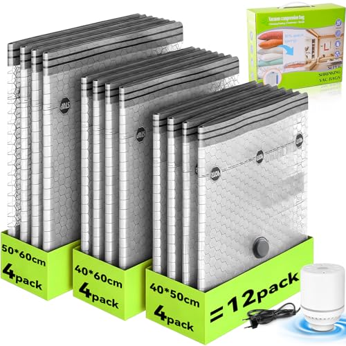 Bolsa Vacio Ropa Con Bomba EléCtrica,12 Bolsas Para Guardar Ropa (4 Grandes,4 Medianas,4 PequeñAs),Compresión Bolsas de Vacio,Reutilizables Para El Almacenamiento De Temporada Y ArtíCulos De Viaje