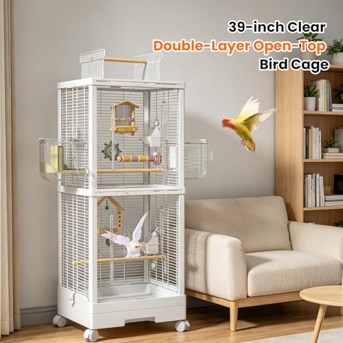 39-inch Large Double-Layer Clear Open-Top Bird Cage with Slide Out Tray,Detachable Rolling,Upright-Frame Bird Flight Cage with Perches and Feeder for Parakeet Conure Cockatiel Lovebird Budgie - Image 2