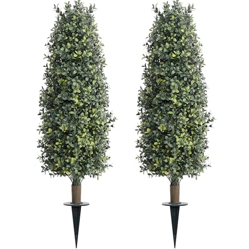 36' Artificial Boxwood Topiary Trees with Ground Spike Set of 2, Outdoor 3ft Faux Boxwood Topiaries...