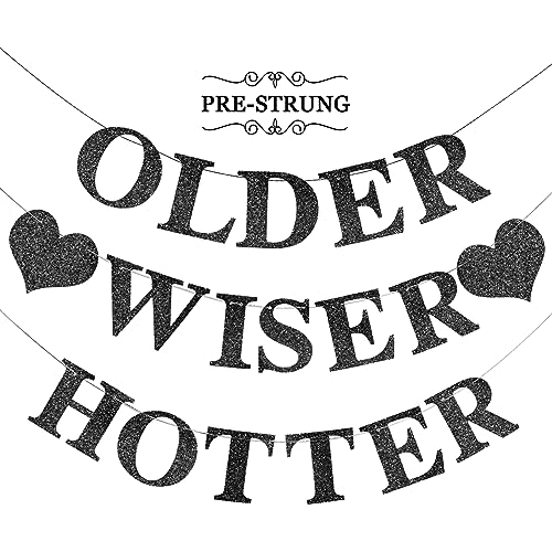 Birthday Decorations - Older Wiser Hotter Banner | Fufuddz Black Shiny Glitter Funny Disco Happy Birthday Sign Party Decor Supplies for Men Women 16th 21st 25th 30th 40th 50th 70s 60th 70th 80th