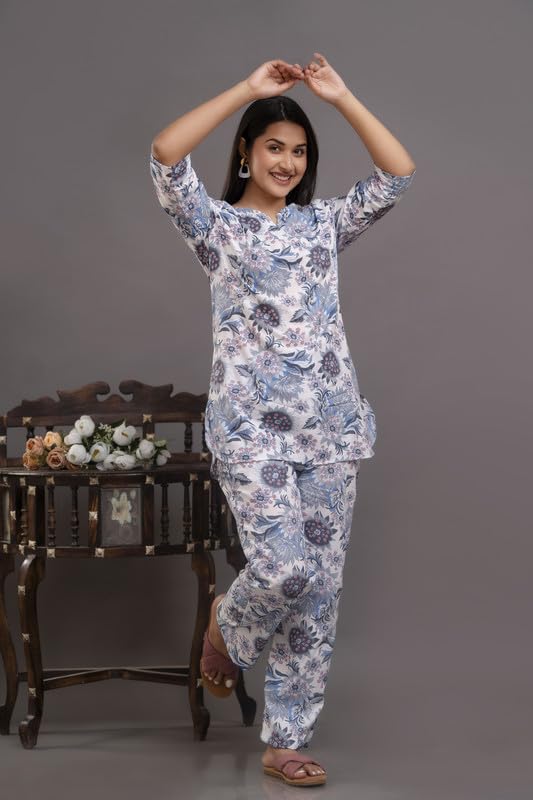 Image of Pure Cotton Printed Night Suit Top and Pyjama Set for Women's Night Dress of Shirt & Pyjama Set for Womens