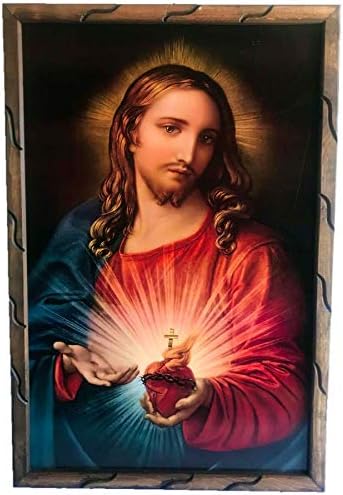 36"x24" Sagrado Corazon De Jesus Imagen en Cuadro Madera Rustica Para Colgar #18697 Hecho en México