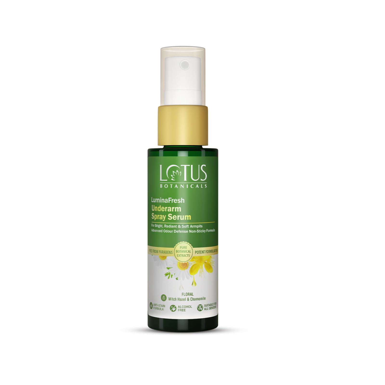 Lotus Botanicals LuminaFresh Underarm Spray Serum with Witch Hazel and Chamomile | Brighten Underarms and Control Sweat-Induced Odour | Antiperspirant properties | Suitable for Men & Women | Alcohol-free | Non-Aerosol | Suitable for All Skin Types | 55ml