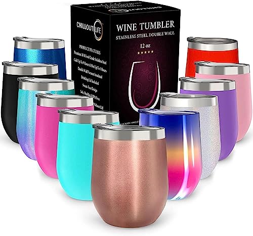 CHILLOUT LIFE 12 oz Stainless Steel Wine Tumbler with Lid - Double Wall Vacuum Insulated Wine Cup...