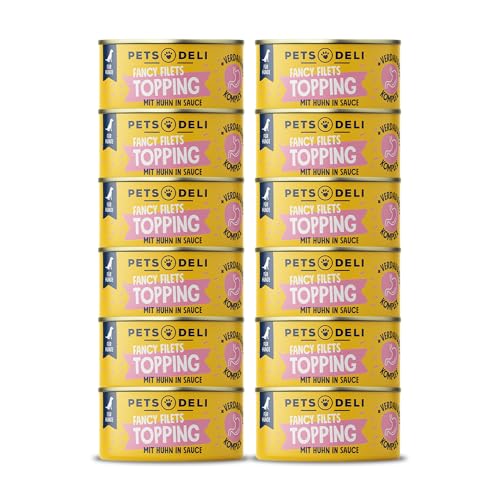 Pets Deli Fancy Filets Hunde Futter-Topping Huhn, saftig & lecker, für wählerische Hunde, mit Verdauungs-Komplex für eine gesunde Verdauung, getreidefrei, ohne Zucker, 12x70g, Premium Qualität