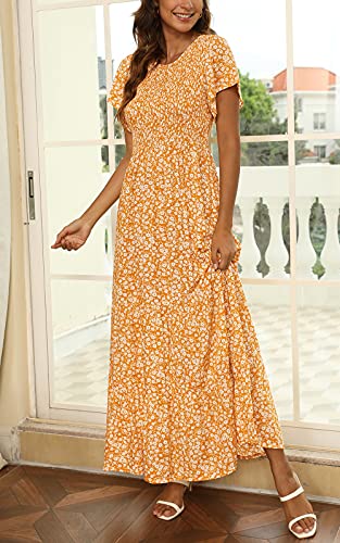 Image of Kranda Women 2025 Summer Fall Crewneck Short Sleeve Smocked Floral Maxi Dress