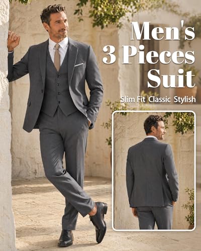 Image of MY'S Men's 3 Piece Suit Set with Tie, One Button Slim Fit Solid Jacket Vest Pants, Prom Party Wedding Business Suits for Men