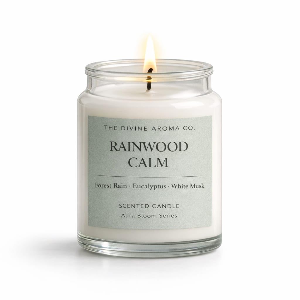 Rainwood Calm Scented Candle by The Divine Aroma Co. | Forest Rain, Eucalyptus & White Musk | Fresh Aromatherapy Soy Wax Candle for Relaxation, Home Fragrance & Gifting | 100 G-picture-12