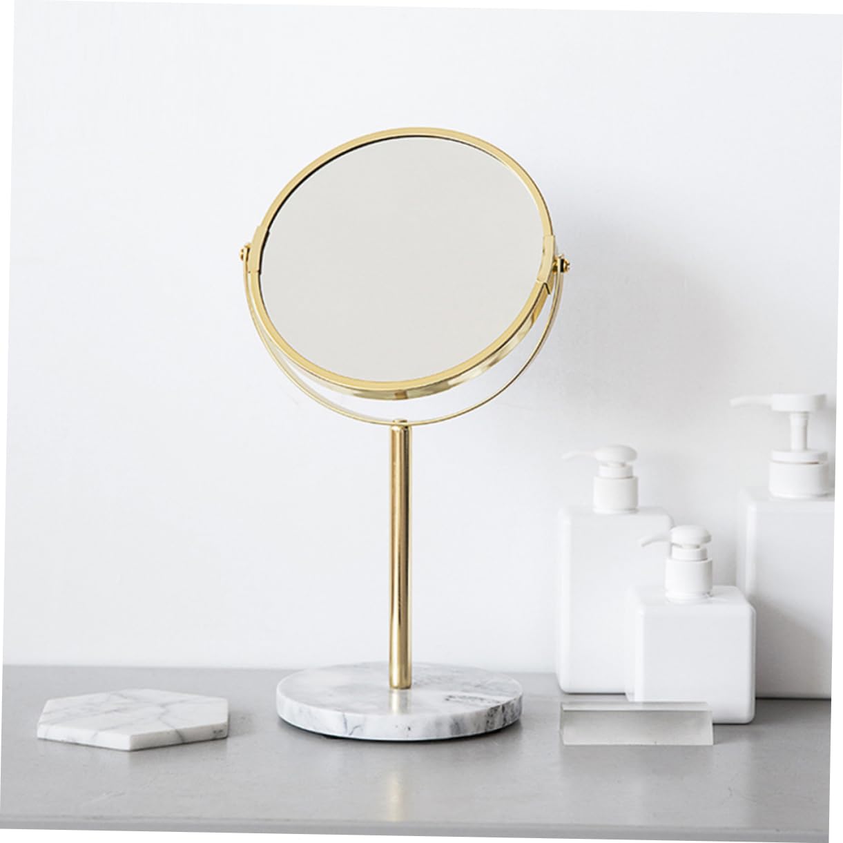 MUCKLILY 1Pc Desktop Makeup Mirror with Marble Base Elegant Golden Finish Convenient for Makeup Application Durable and Easy to Clean Stylish Vanity Decor for Home Use