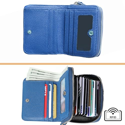 Image of Genuine Wallet Women RFID Blocking Card Holder, Small Leather Womens Wallet with Zipper ID Window Coin Pocket