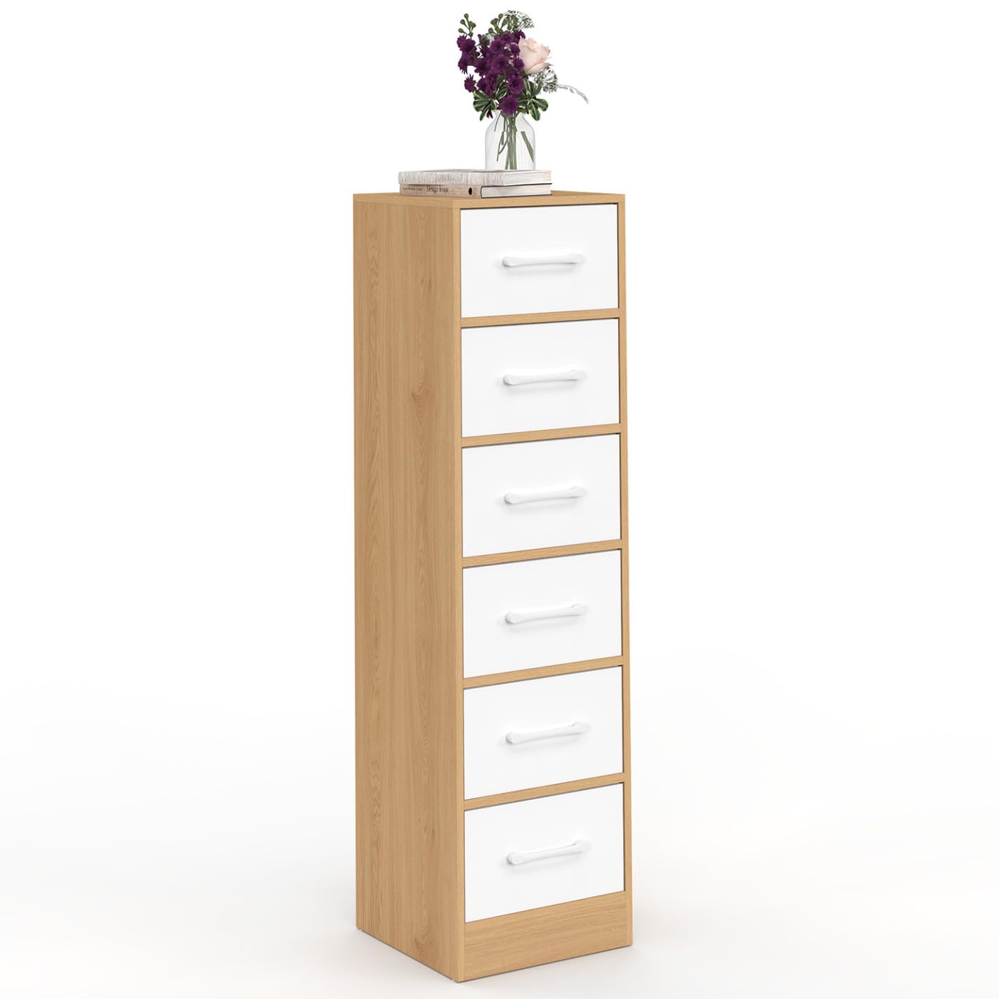 IDMarket - Mueble auxiliar de 6 cajones UPPAH, cajonera de 30 cm, mueble de madera efecto haya y blanco