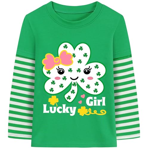 DDSOL Girl Toddler St Patricks Day Shirt Shamrock Clover Bow Cotton Long Sleeve T-Shirt Lucky Girl Irish Tee Top Kid Clothes