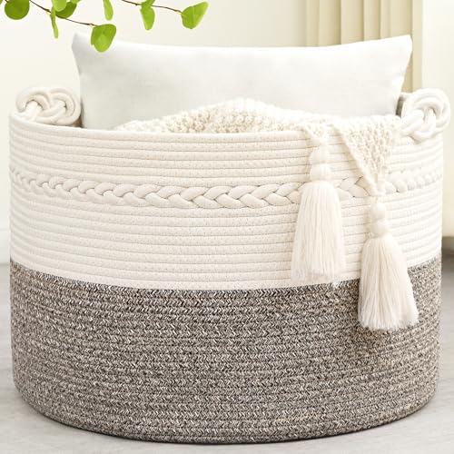 Image of Degeyoyo 67L Large Blanket Basket, 20"x13" Woven Storage Baskets With Handle, Cotton Rope Blanket Basket Living Room, Baby Laundry hamper for Blanket, Nursery, Toy, Pillow (White & Grey)