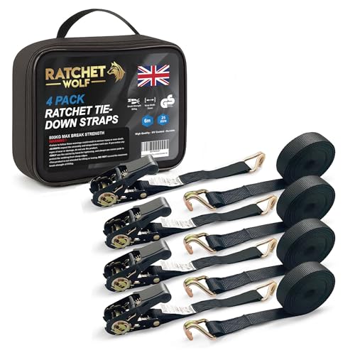 RatchetWolf Ratchet Straps with Hooks – Pack of 4-6M x 25MM Heavy Duty Tie Down Straps & Lashing Straps for Car, Trailer, Motorcycle, Roof Rack, Cargo, Home & Outdoors