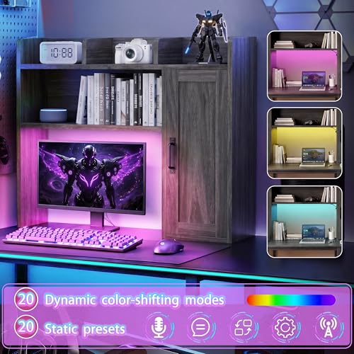 Image of Dorm Desk Hutch, Desktop Shelf with 6 Shelves and Power Outlets 37.4 inch Desk Hutch with Drawers & RGB LED Light Over Desk Organizer Desktop Storage Shelf for Dorm Office Home Computer Desk-Grey
