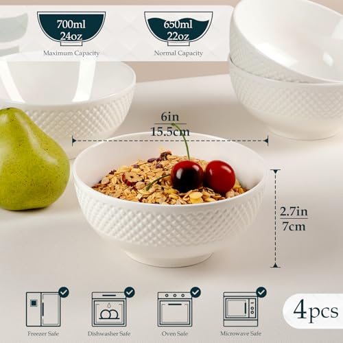 NUTRIUPS Cereal Bowls, 700ml Soup Bowl Set, 15x7cm Ceramic White Breakfast Bowl, Microwavable, 4pcs - Image 3
