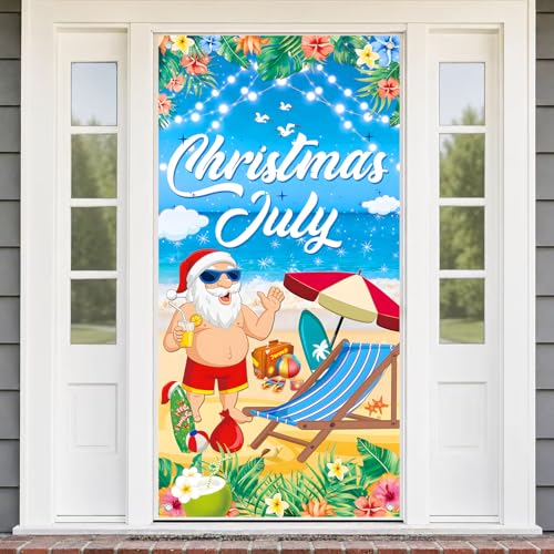 73 x 36 Inch Christmas Door Cover Summer Christmas Beach Santa Door Banner with Palm Trees Ocean Tropical Design for Front Door Porch Party Decorations