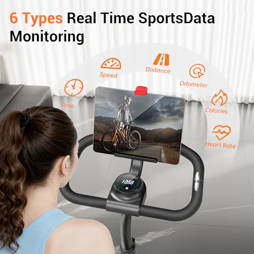 Image of UMAY Exercise Bike,Brake Pad Stationary Bike for Home with 0-100 Resistance & App, Silent Belt Drive Stationary Workout Bike for Home with Comfort Seat, Low Noise Indoor Cycling Bike with Heart Rate / Tablet & Bottle Holder, 300 LBS Capacity