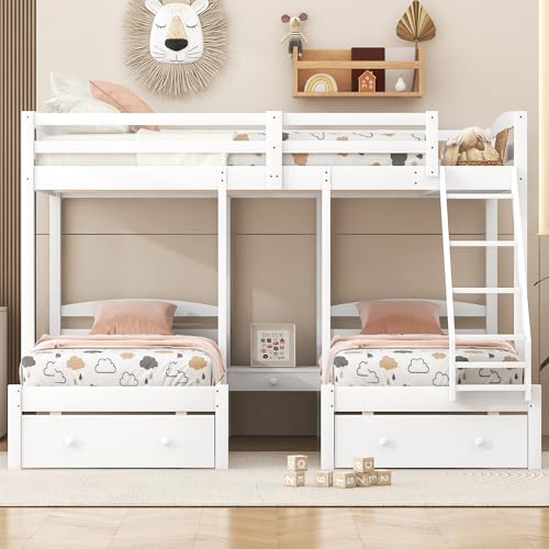 Image of VilroCaz Wood Bed Bunk Bed with 2 Storage Drawers for 3, Full Over Twin & Twin Bunk Bed Frame with Built-in Middle Drawer, Guardrail and Ladder for Kids Teens Adults, Maximized Space Design