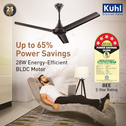 Image of KUHL Fest B1 1200mm BEE 5-Star BLDC Ceiling Fan | 28W Energy Saving (Up to 65%) | High Airflow & Low Noise | Remote as well as Regulator Operated | 5 Year Motor Warranty | ISI Marked (Espresso)