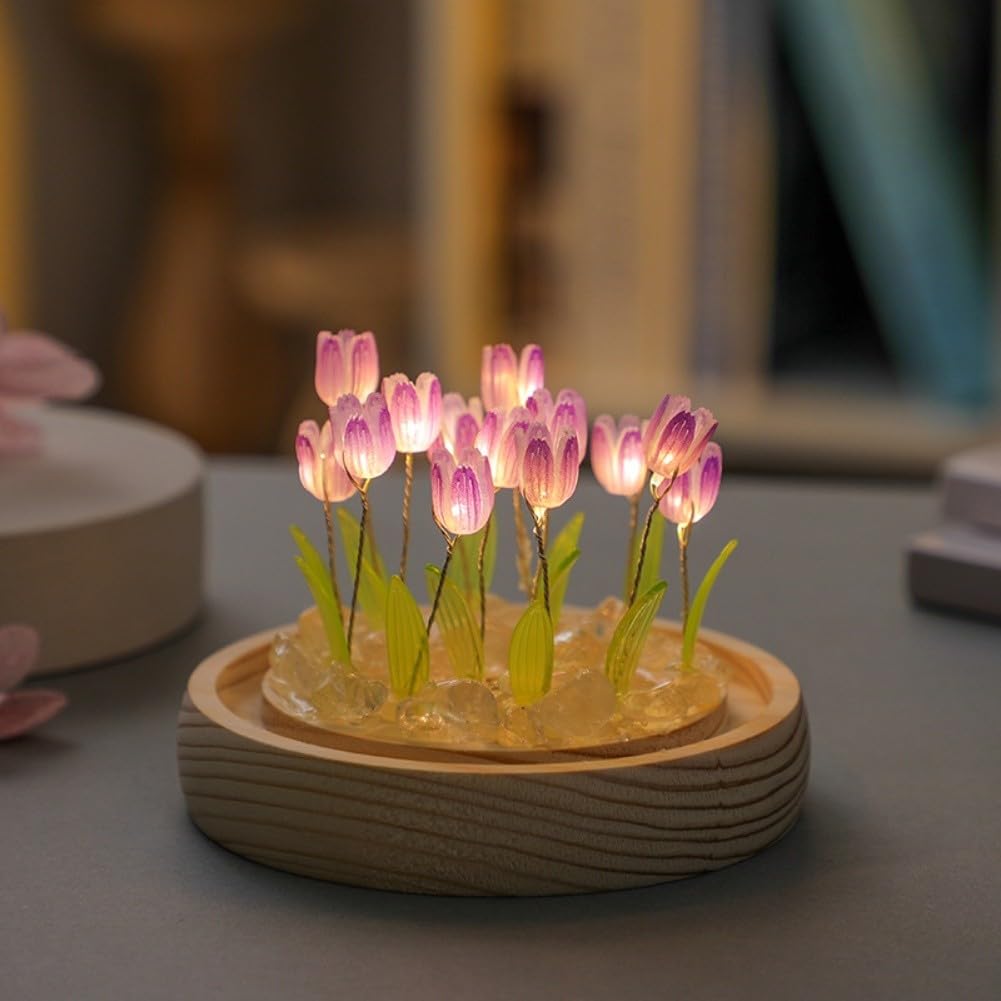 Zenllihome Pink Night Light with Wooden Base, Glass Flower Lamp for Girls Bedroom, Romantic Room Ornament and Aesthetic Decor for Valentine Mother Day(9 Purple)