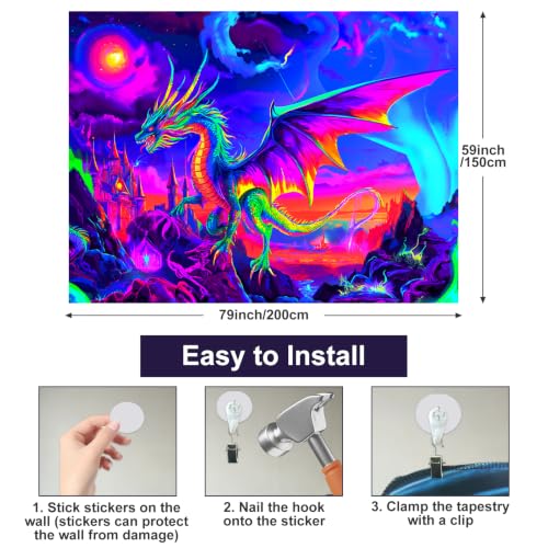 Image of BlissYard Blacklight Tapestry 78x59 Inch Neon Dragon Castle Wall Hanging UV Reactive Glow in the Dark Fantasy Trippy Fire Dragon Tapestry for Bedroom Dorm Gamer Room Psychedelic Wall Art Decor