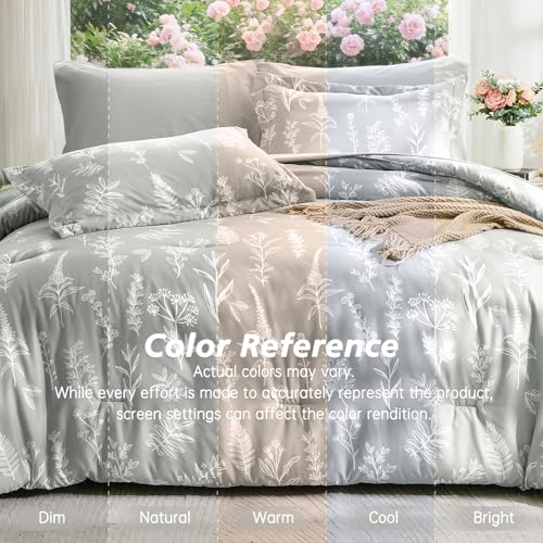 Image of MUXHOMO Silver Grey Full Comforter Set, Elegant Floral Print Bed in a Bag 7 Pieces, Ultra Soft & Breathable Reversible Botanical Pattern Bedding Set with Comforter, Sheets, Pillowcases, and Shams