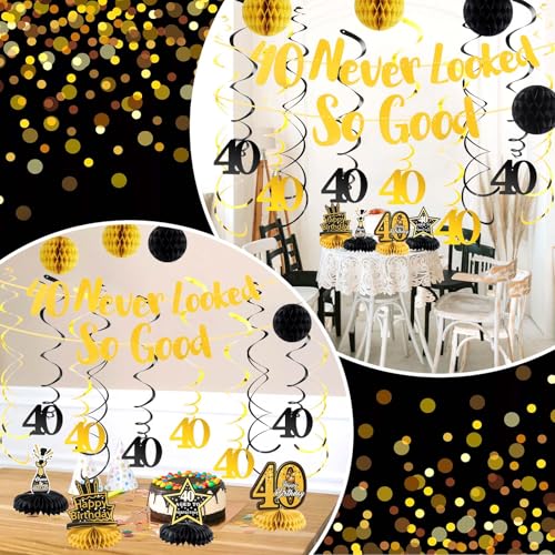 Image of 40th Birthday Decorations, Black & Gold 40th Birthday Decorations for Men & Woman inch40 Never Looked So Good inch Happy Birthday Banner with 6PCS Hanging Swirls & 4PCS Honey Ball&Table Centerpieces