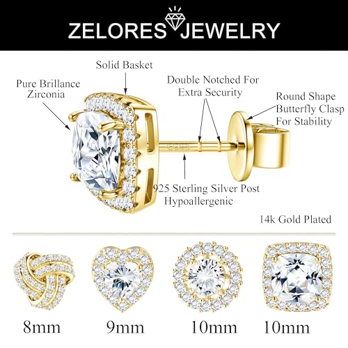 4 Pairs Sterling Silver CZ Stud Earrings for Women 14K Gold Plated Brilliant Celtic Heart Big Stud Earrings Set Cubic Zirconia Earrings Studs for Sensitive Ear4
