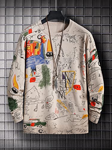 IREH Pullover Sweaters for Men Long Sleeve Round Neck Men Print Sweater Fall Winter Jumper Top