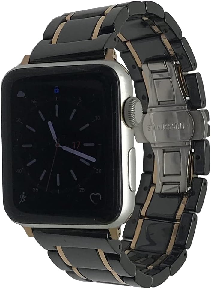 MeShow 49mm/45mm/44mm/42mm Two Tone Ceramics Stainless Steel Removable Link Strap Bracelet Watch Band with Stainless Steel Butterfly Buckle Clasp for iWatch Series 8/7/SE/6/5/4/3/2/1/ultra
