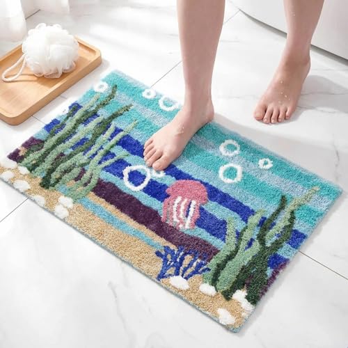Breling Cartoon Sponge Theme Bathroom Rug Jellyfish Rug for Toilet Anime Bath Mat Beach Flocking Ocean Sea Shower Absorbent Soft Non-slip Bath Mat for Kitchen Bedroom Laundry Entryway decor, 22' x 34'