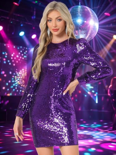 Image of Allegra K Sequin Dress for Women Party Cocktail Lantern Long Sleeve Sparkly Glitter Disco Outfits Bodycon Mini Dresses