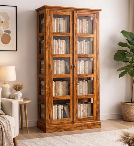 Sheesham Wood Bookshelf with Glass Door | Solid Wooden Display St...